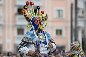 Traditional dancing in the Plaza de Santo Domingo during Quitos celebration of the anniversary of its Spanish foundation Quito Ecuador