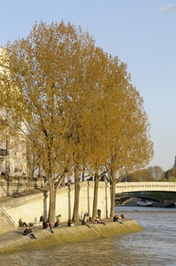 Enjoying a warm spring day on the banks of the Seine River - Paris