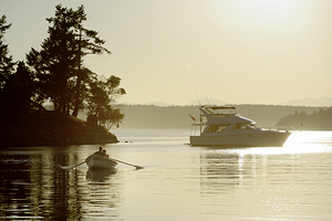 Couple in a dinghy rowing in front of a pleasure motorboat by Kevin Oke