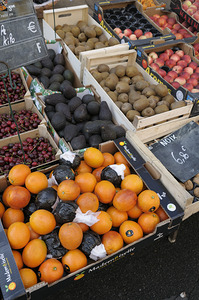 Oranges and avocados at a street market Châtillon sur Loire Centre France