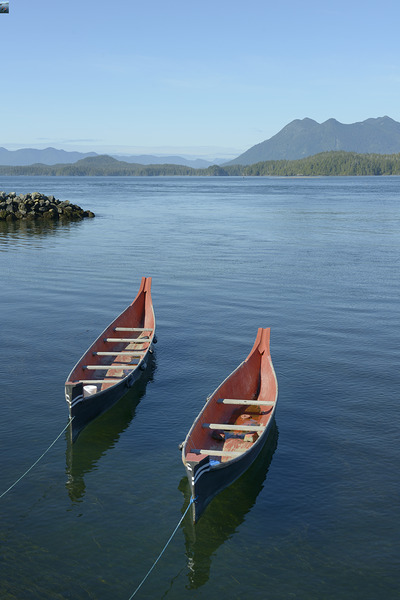 Two native canoes anchored in Tofino Harbour Print