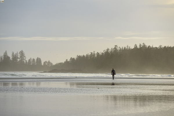 Man walking with surfboard through the mist Long Beach Pacific Rim National Park Print
