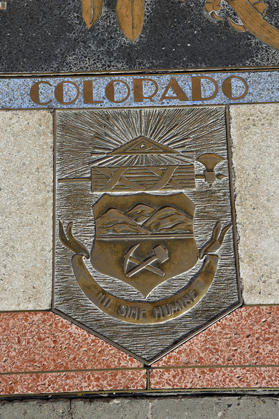 Bas relief plaque for Colorado is inlaid into Hoover Dams plazas surface one of the seven states that fall within the Colorado Rivers basin. Hoover Dam Arizona Nevada USA Print