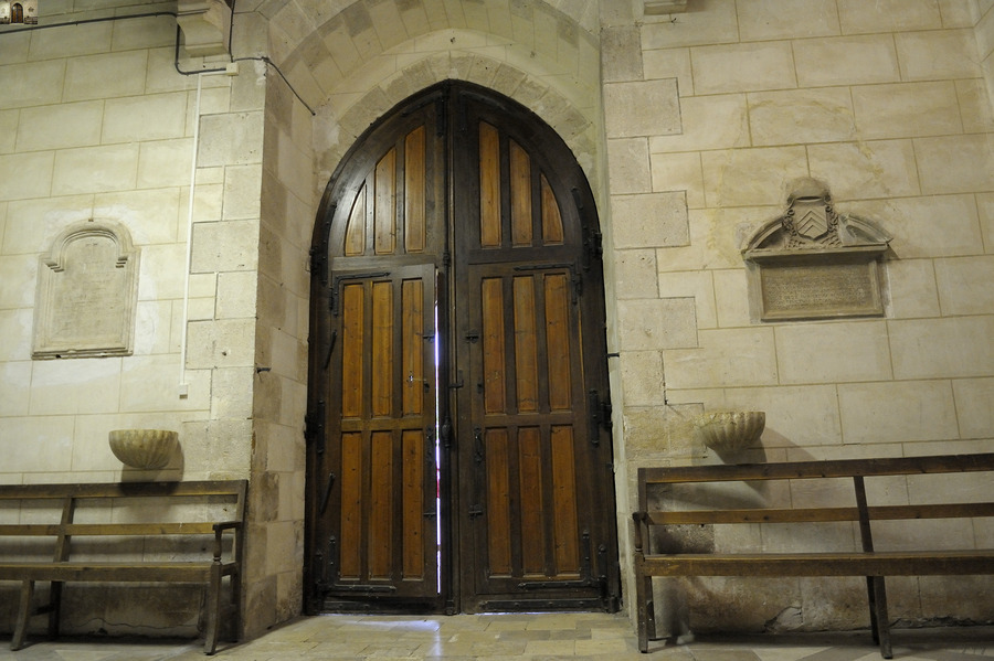 Shaft of light coming through the entrance door. Eglise de Saint Maurice. Chatillon-sur-Loire Centre. France  Print