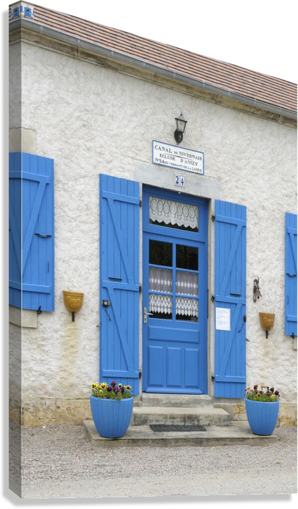 Blue door and shutters at the lock keepers house Ecluse 24 Anizy Champ du Pont Limanton Nievre Burgundy France Canvas Print