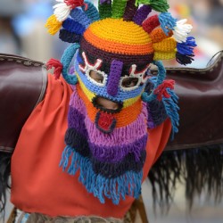 Man doing traditional dance while Quito celebrates the anniversary of its Spanish foundation Plaza de Santo Domingo Quito Ecuador