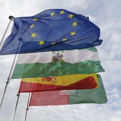 Flags on the Vela Tower The Alhambra Granada Andalusia Spain