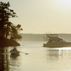 Couple in a dinghy rowing in front of a pleasure motorboat