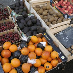 Oranges and avocados at a street market Châtillon sur Loire Centre France
