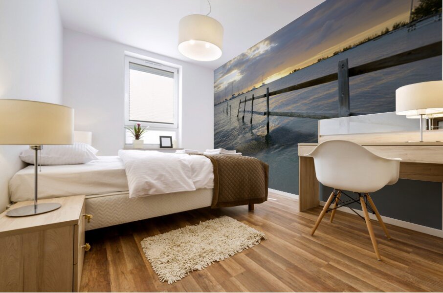 Old fence running into the ocean Mural print