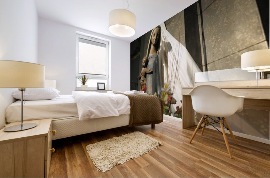 Wood carving of the virgin with bouquet of flowers Eglise Saint Pothin Mural print