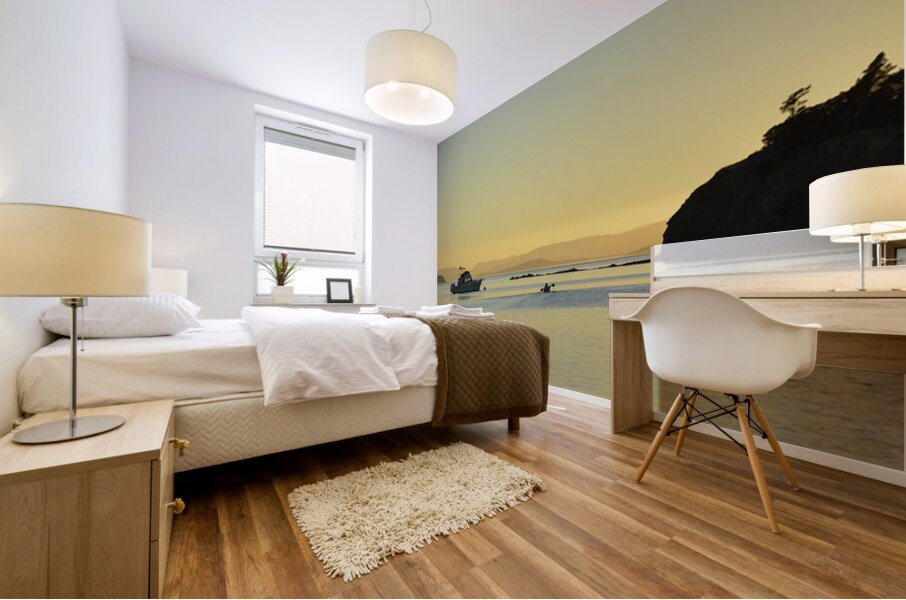 Kayaker and motor boat at anchor in Fox Cove. Sucia Island Mural print