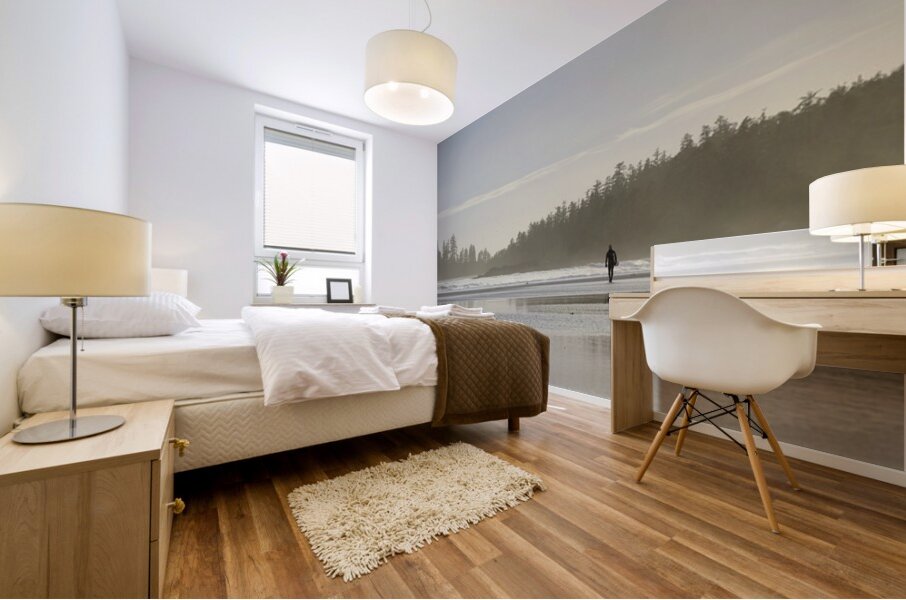 Man walking with surfboard through the mist Long Beach Pacific Rim National Park Mural print