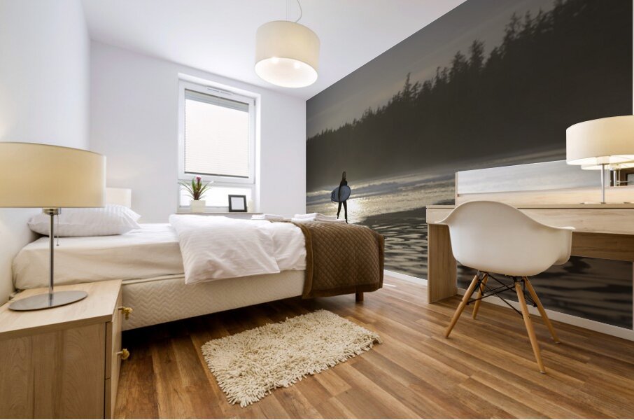 Women walking with a surfboard on Long Beach Pacific Rim National Park Mural print