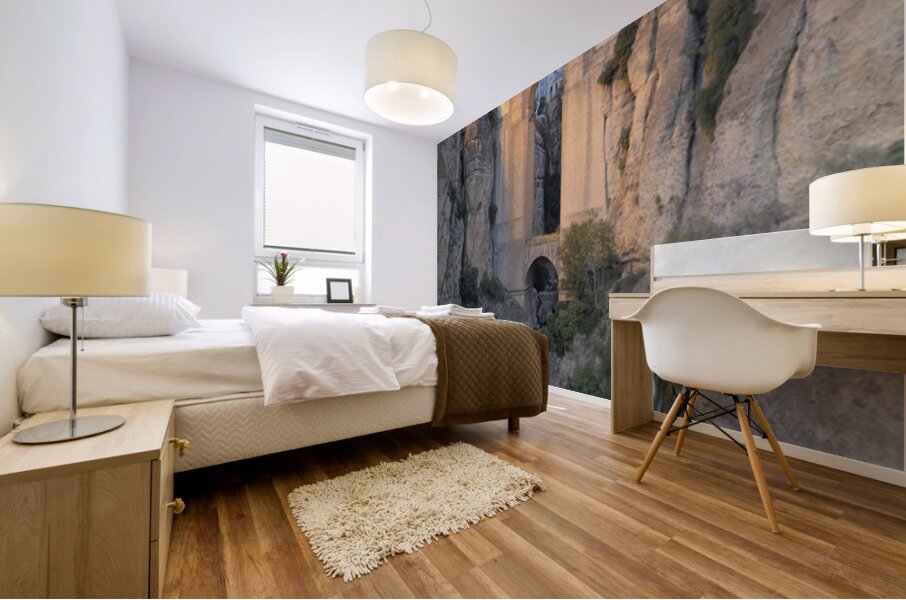 Guadalevín River and waterfall at dusk Puente Nuevo El Tajo Gorge Ronda Málaga Andalusia Spain Mural print