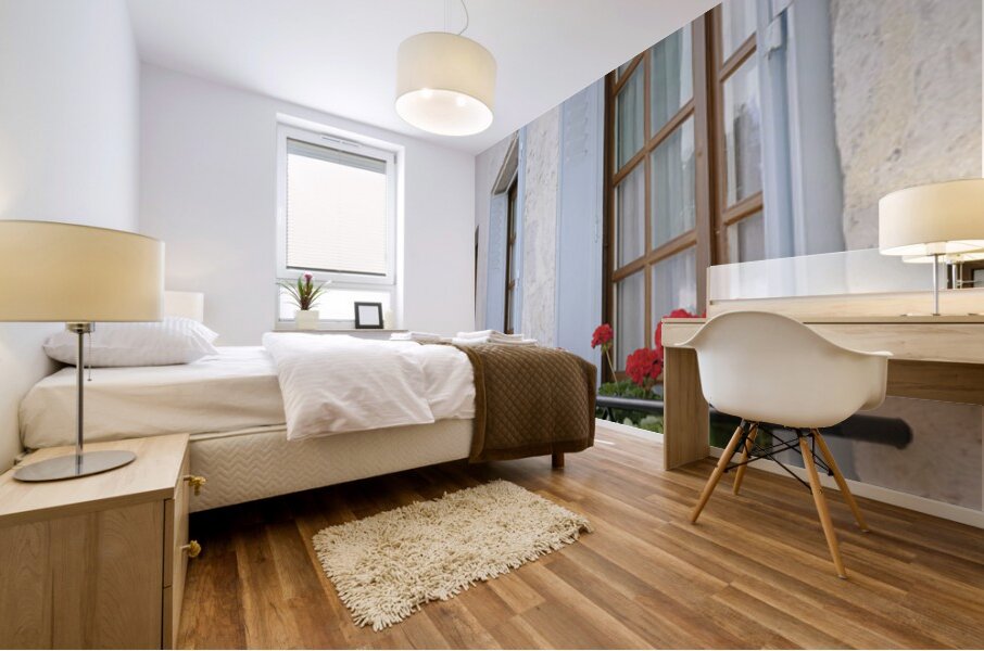 Potted red geraniums in a window Châtillon sur Loire Centre France Mural print