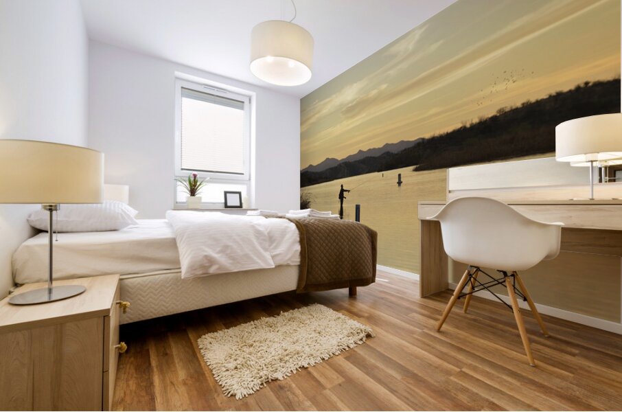 Backlit man fishing at sunset Patagonia Lake State Park Arizona USA Mural print