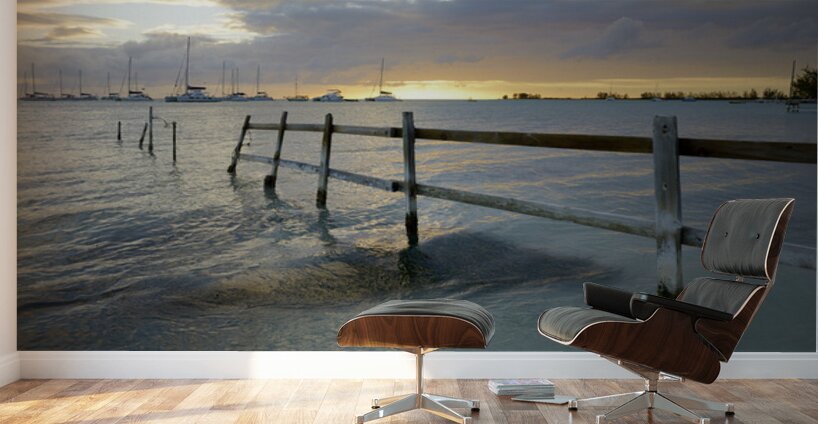 Old fence running into the ocean Wall Murals