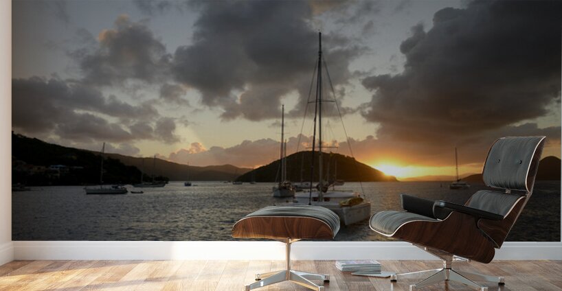 Caribbean sunset with catamarans and sailboats  Wall Murals