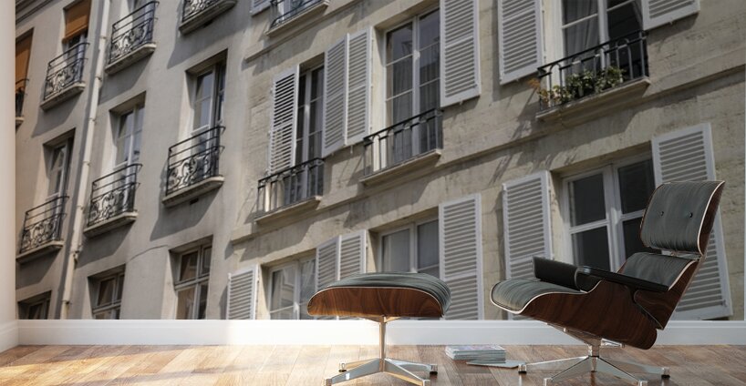 Apartment windows with open shutters and balconies - Paris Wall Murals