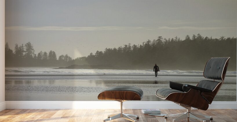 Man walking with surfboard through the mist Long Beach Pacific Rim National Park Wall Murals