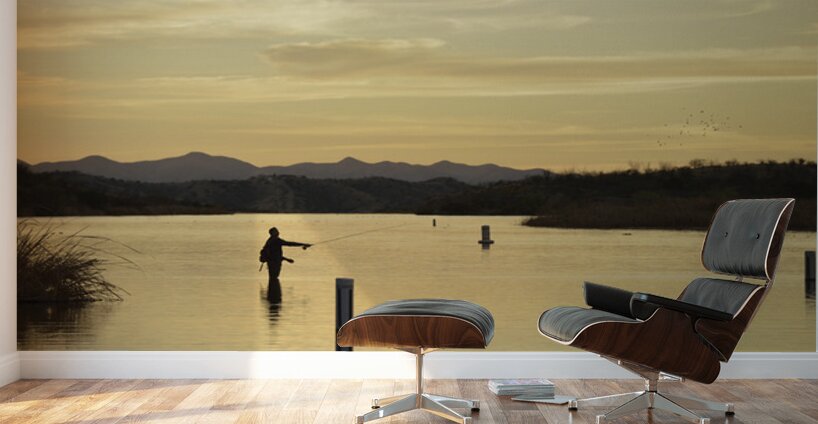 Backlit man fishing at sunset Patagonia Lake State Park Arizona USA Wall Murals
