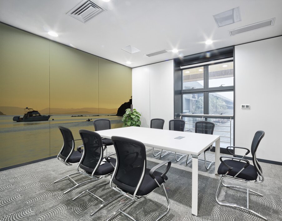 Kayaker and motor boat at anchor in Fox Cove. Sucia Island Wall Printing
