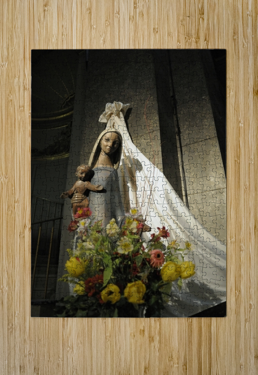 Wood carving of the virgin with bouquet of flowers Eglise Saint Pothin Kevin Oke Puzzle printing