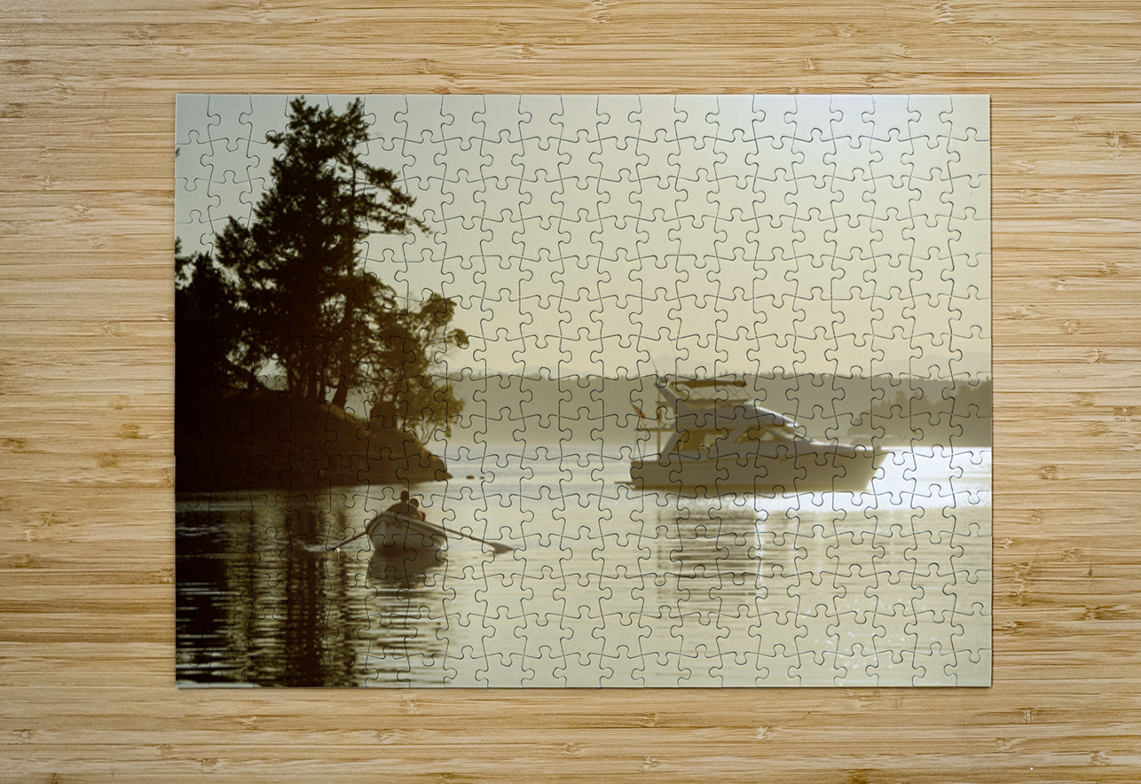 Couple in a dinghy rowing in front of a pleasure motorboat Kevin Oke Puzzle printing