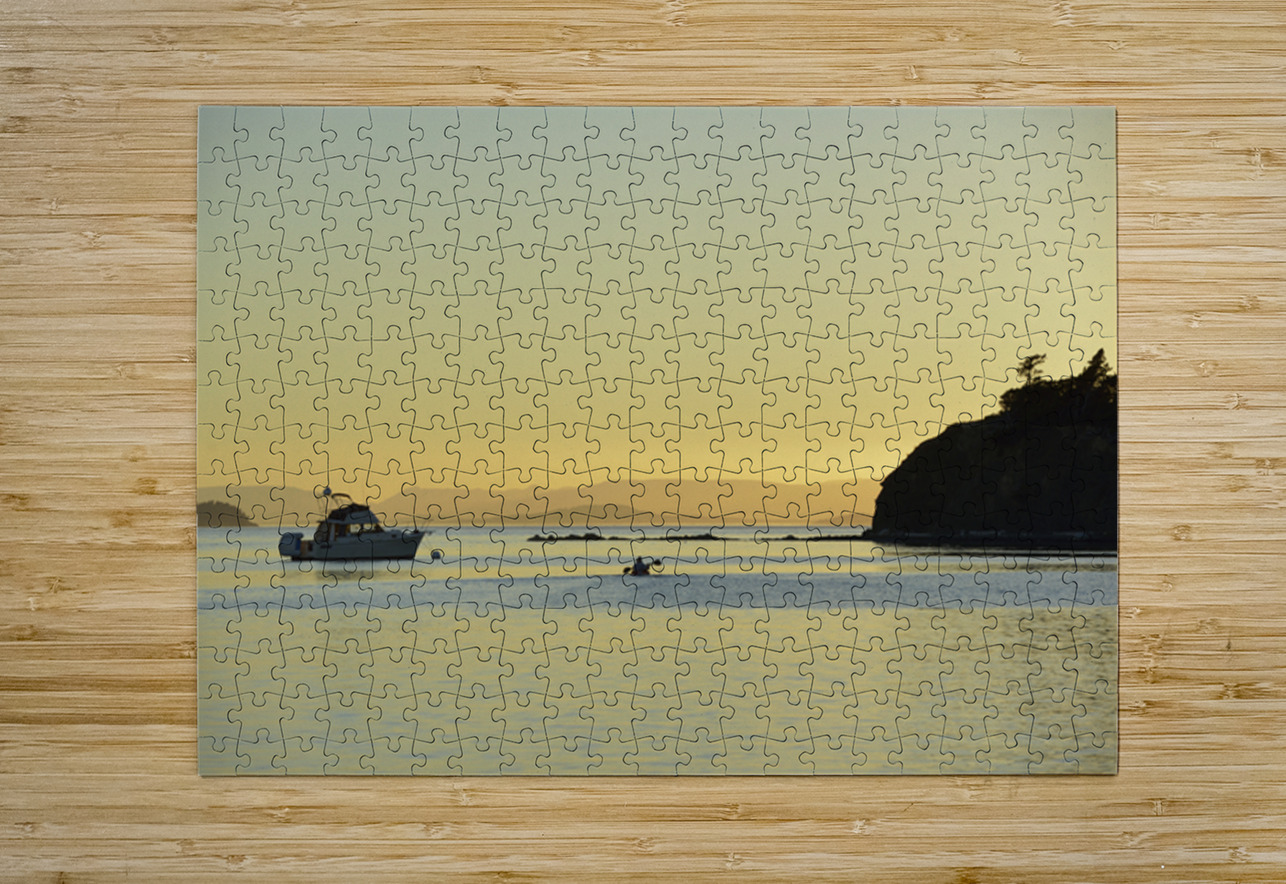 Kayaker and motor boat at anchor in Fox Cove. Sucia Island Kevin Oke Puzzle printing