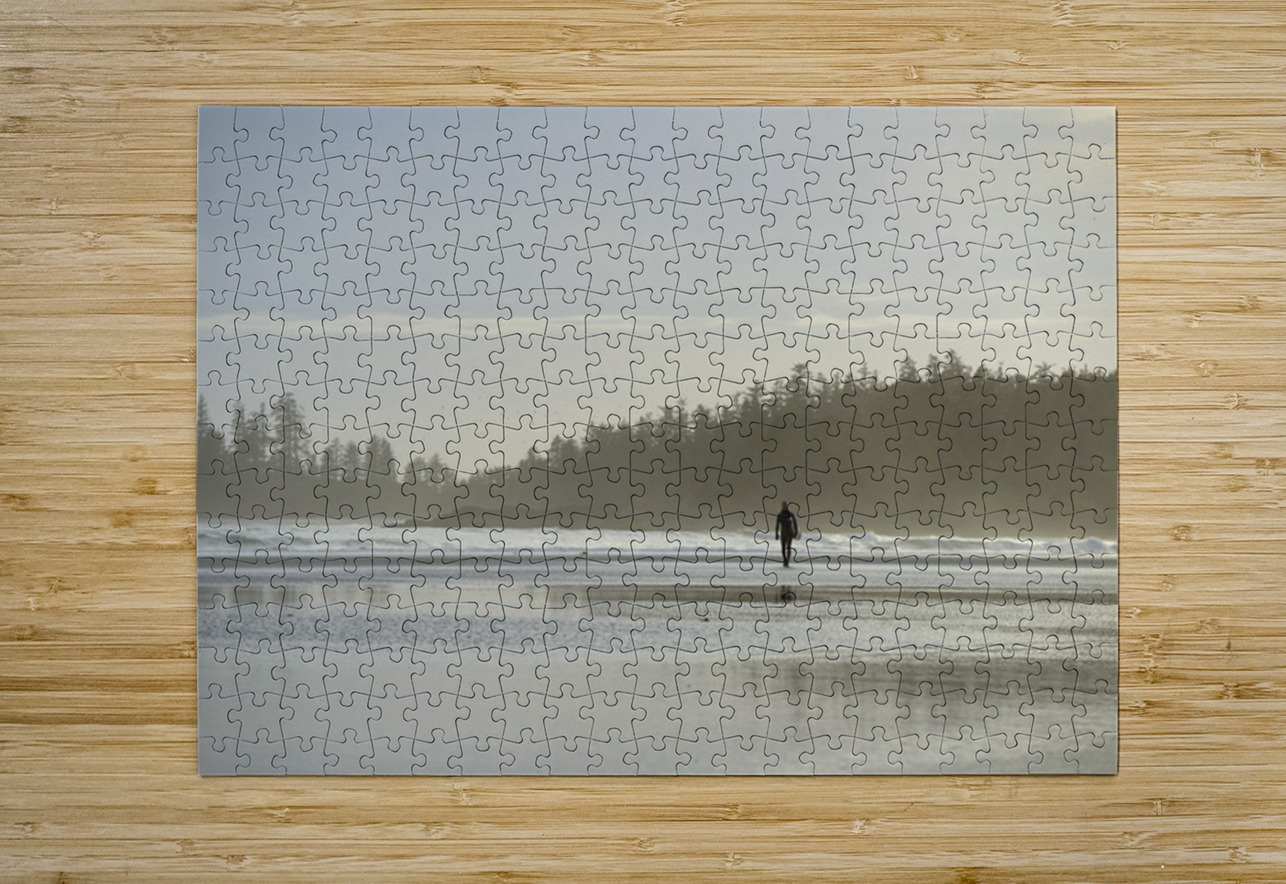 Man walking with surfboard through the mist Long Beach Pacific Rim National Park Kevin Oke Puzzle printing