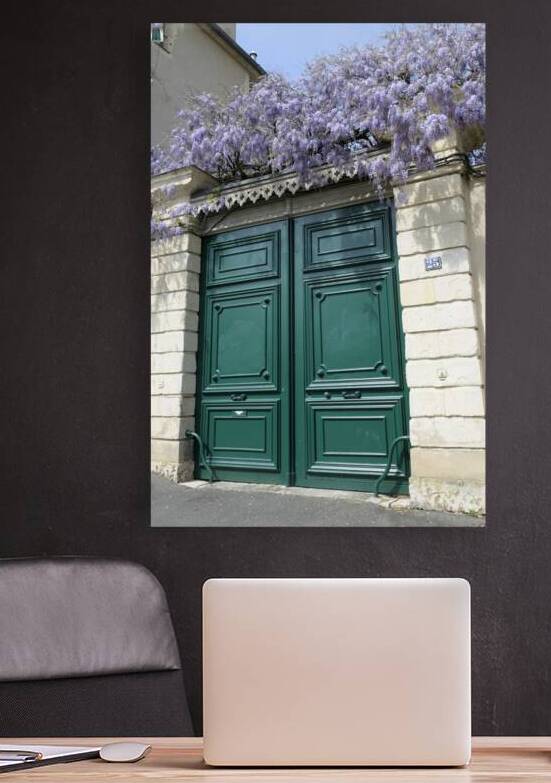 Green door with Wisteria plant in bloom. Nevers Nievre. France by Kevin Oke